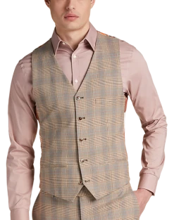 Paisley & Gray Slim Fit Suit Separates Vest, Tan And Gray Plaid