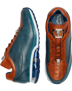 Belvedere Flash Ostrich & Calf Sneakers, Blue & Almond